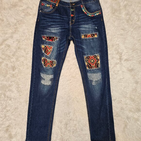 Desigual Blue Straight-Leg Jeans with Colorful Embroidered Patches - Picture 3 of 13